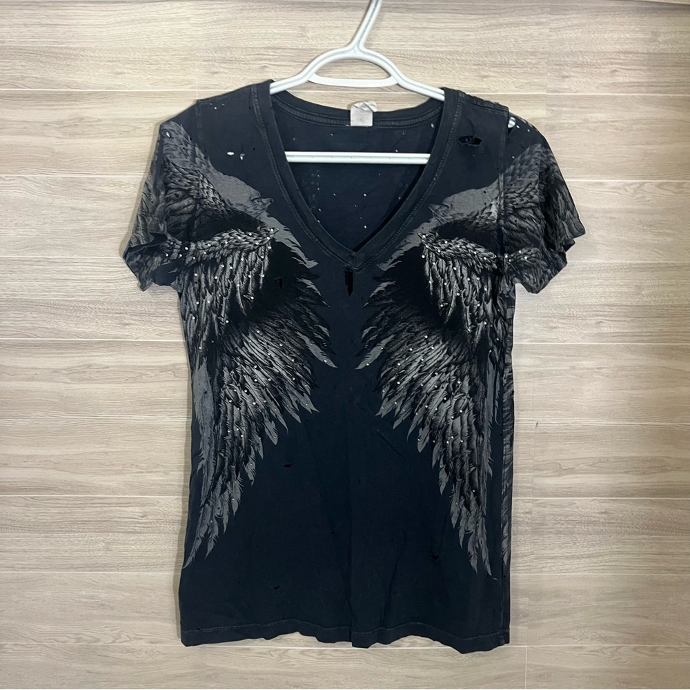 Affliction Women’s Wing Graphic Tee Distressed Angel Wings Rhinestone Shirt Sm